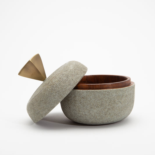 Set of 2 Round Boxes in Grey Shagreen with Bronze Patina Brass Details by Kifu Paris