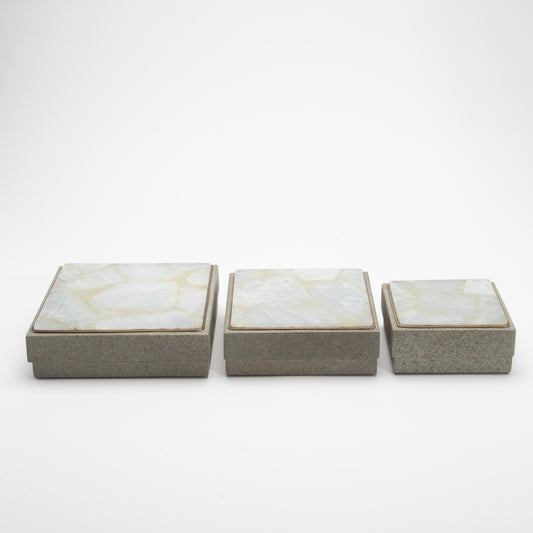 Set of 3 Square Boxes in Grey Shagreen with Brass Frame by R&Y Augousti