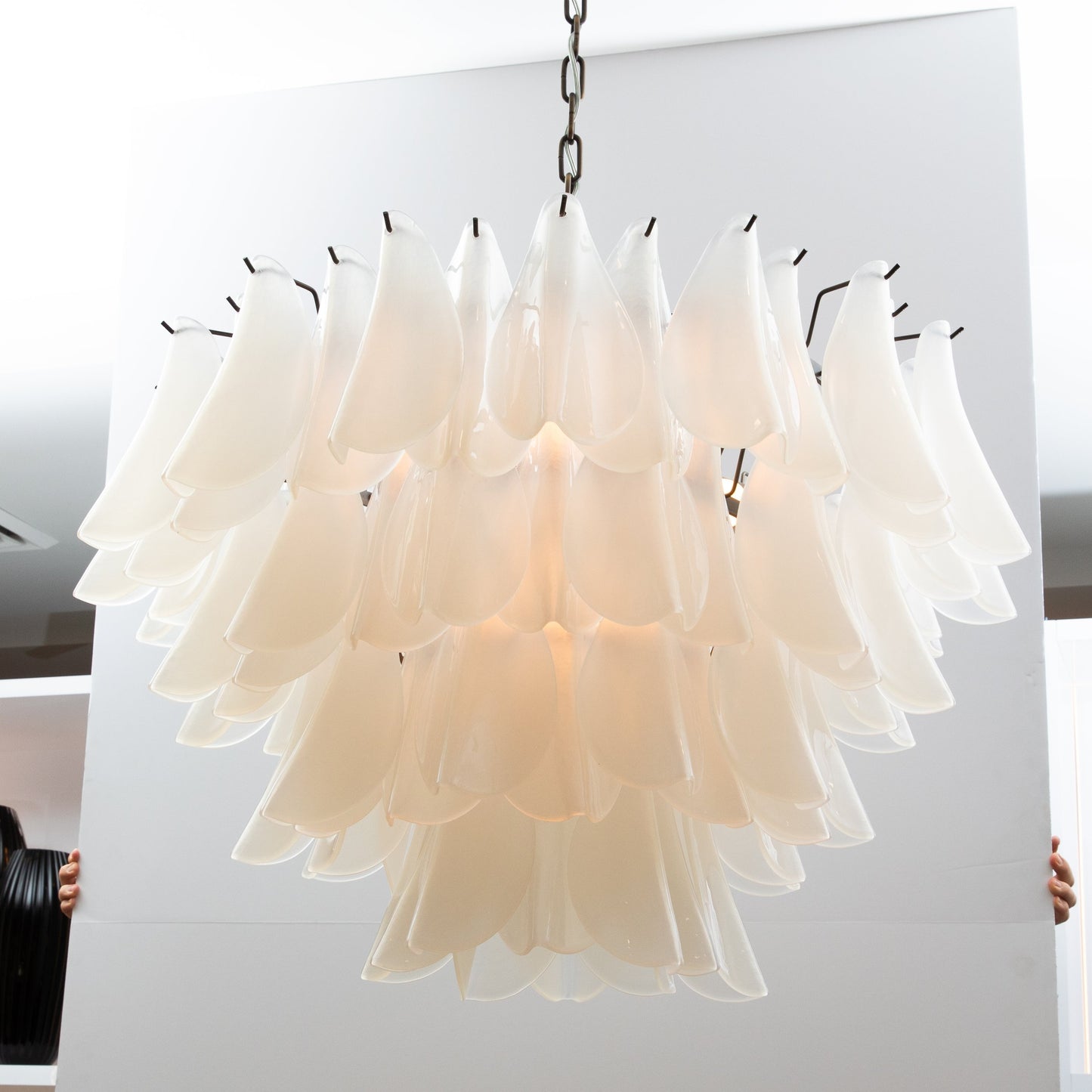 Hand-Blown Murano Feather Chandelier in Opaline Glass and Oil Rubbed Bronze
