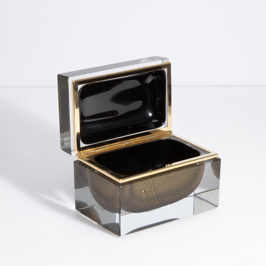 Murano Box with Brass Fittings in Onyx Black 24-Karat Gold Flecks