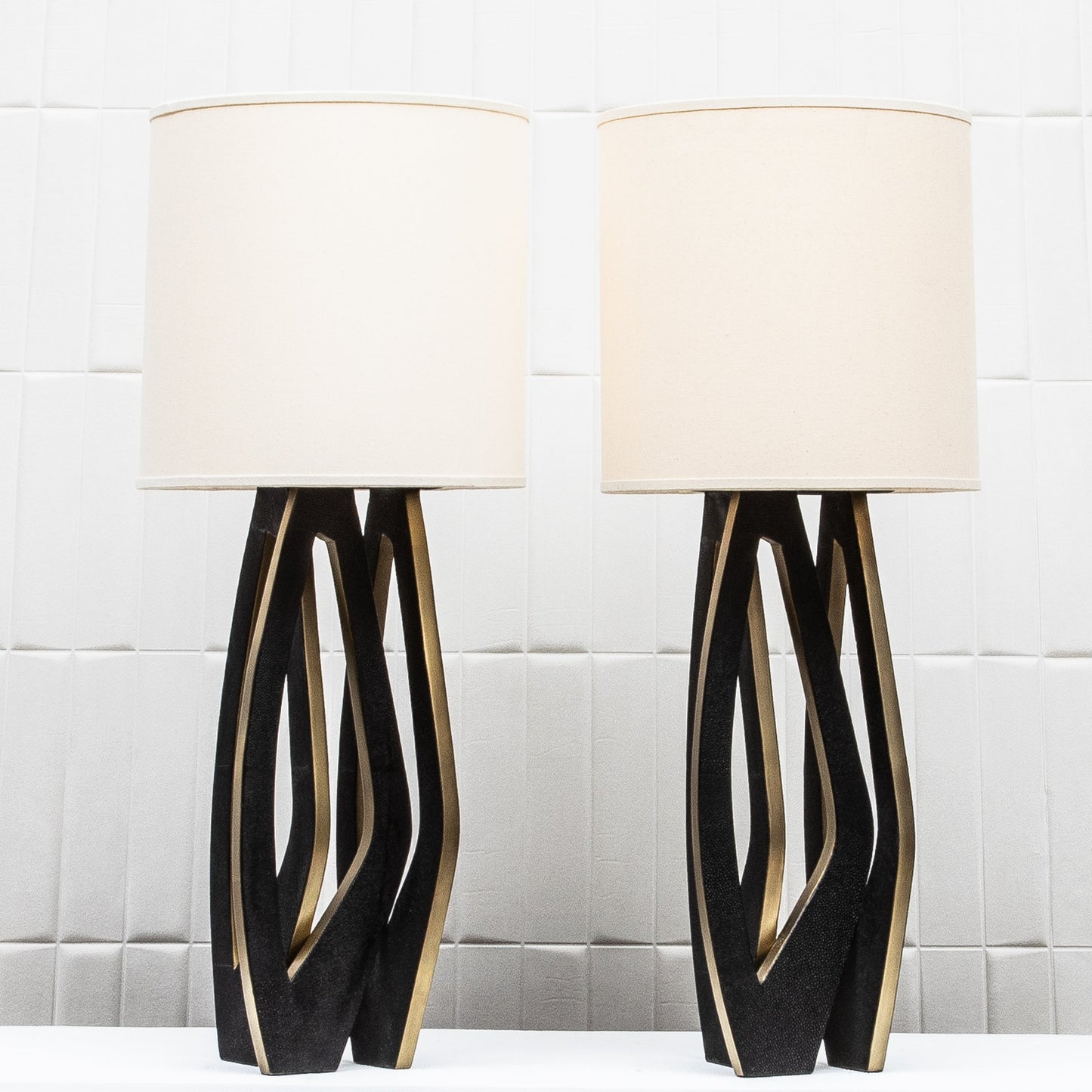 Pair of Lamps in Black Shagreen with Brass by R&Y Augousti