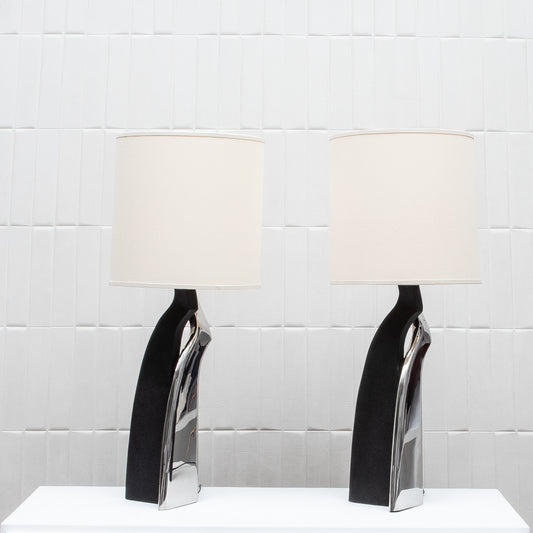 Pair of Modern Lamps in Black Shagreen with Polished Steel by Kifu Paris