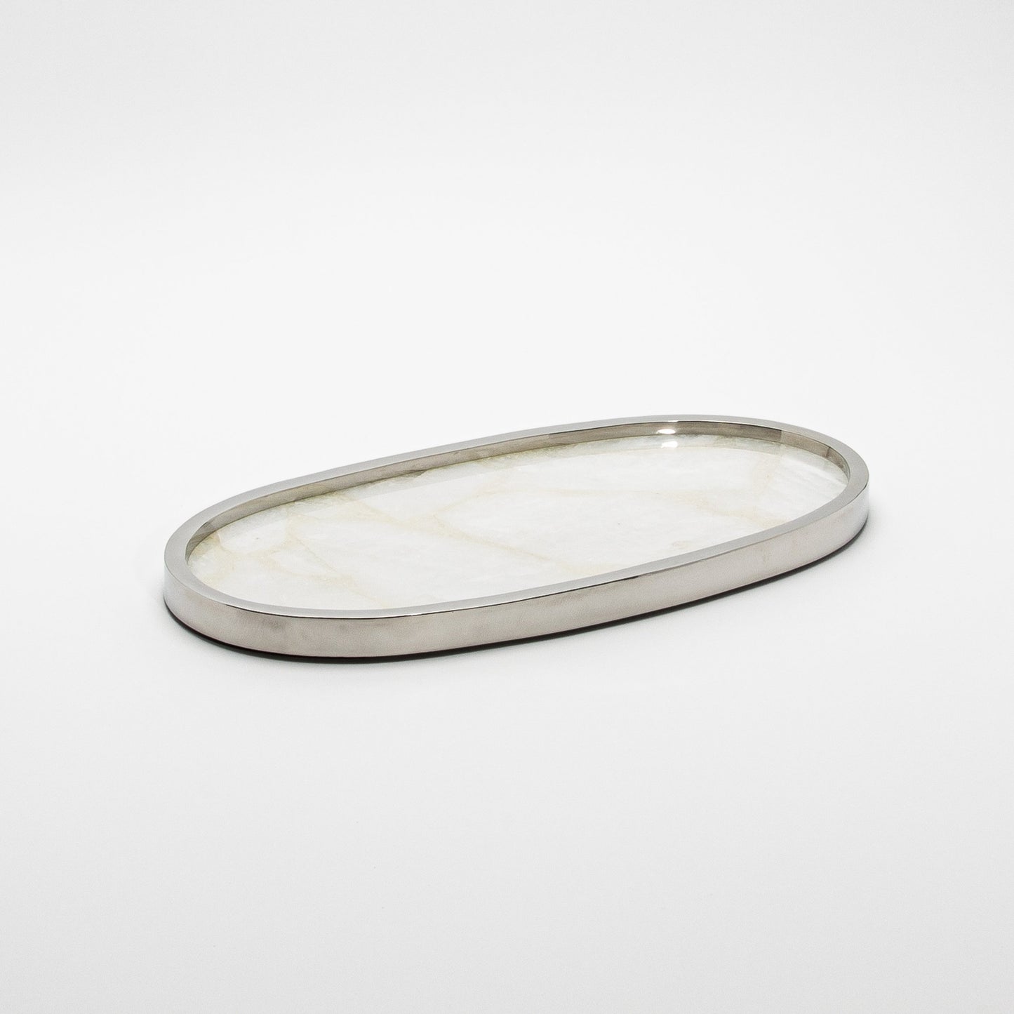 Oval Tray in White Quartz with Polished Stainless Steel by Kifu Paris