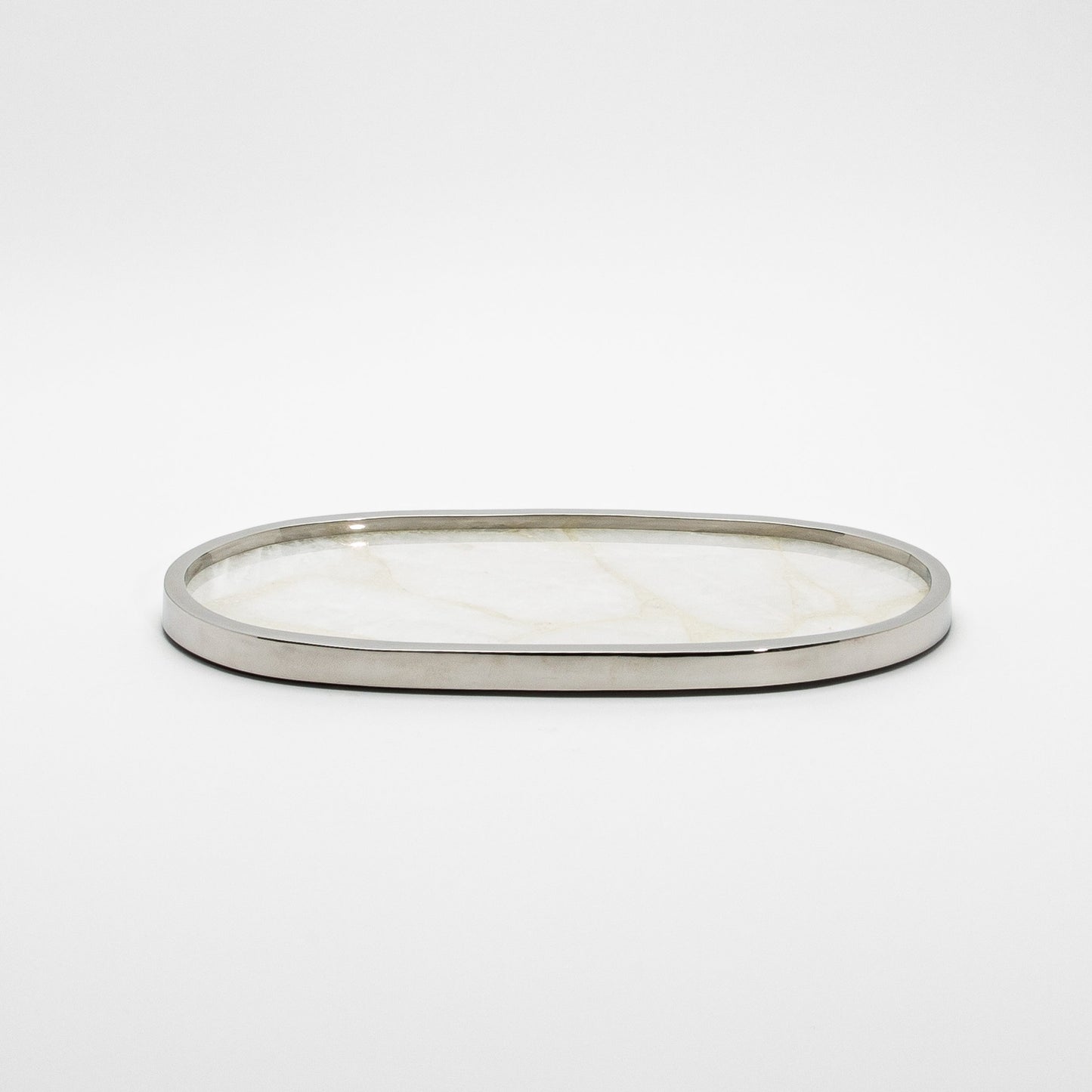 Oval Tray in White Quartz with Polished Stainless Steel by Kifu Paris
