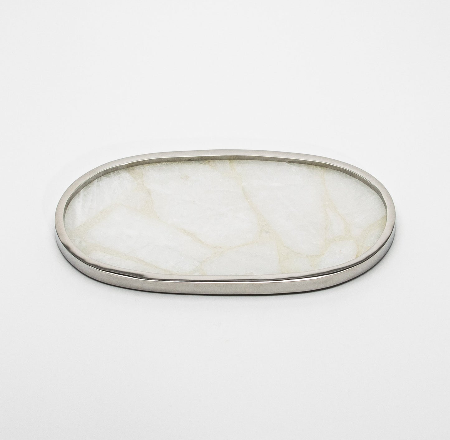 Oval Tray in White Quartz with Polished Stainless Steel by Kifu Paris