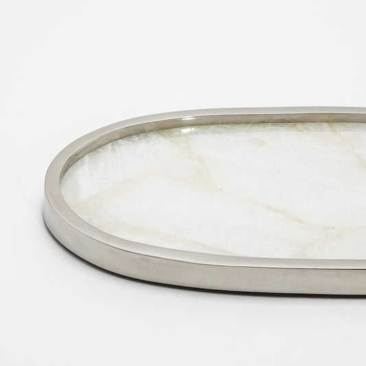 Oval Tray in White Quartz with Polished Stainless Steel by Kifu Paris