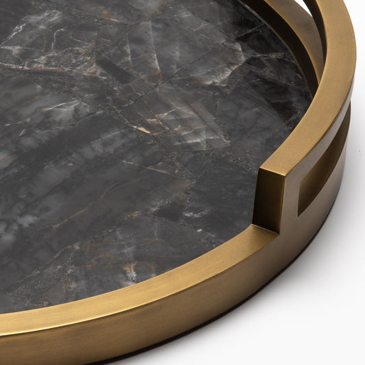 Round Tray in Black Quartz with Bronze Patina Brass by R&Y Augousti