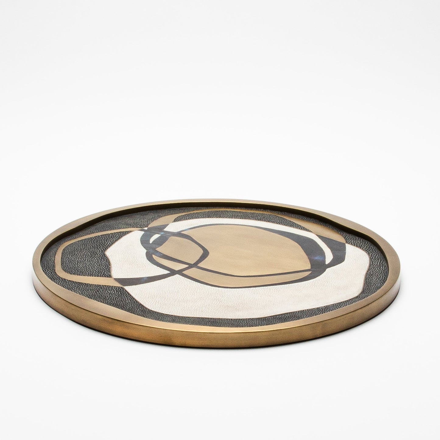 Round Shagreen Tray with Blue Pen Shell and Brass Inserts by R&Y Augousti