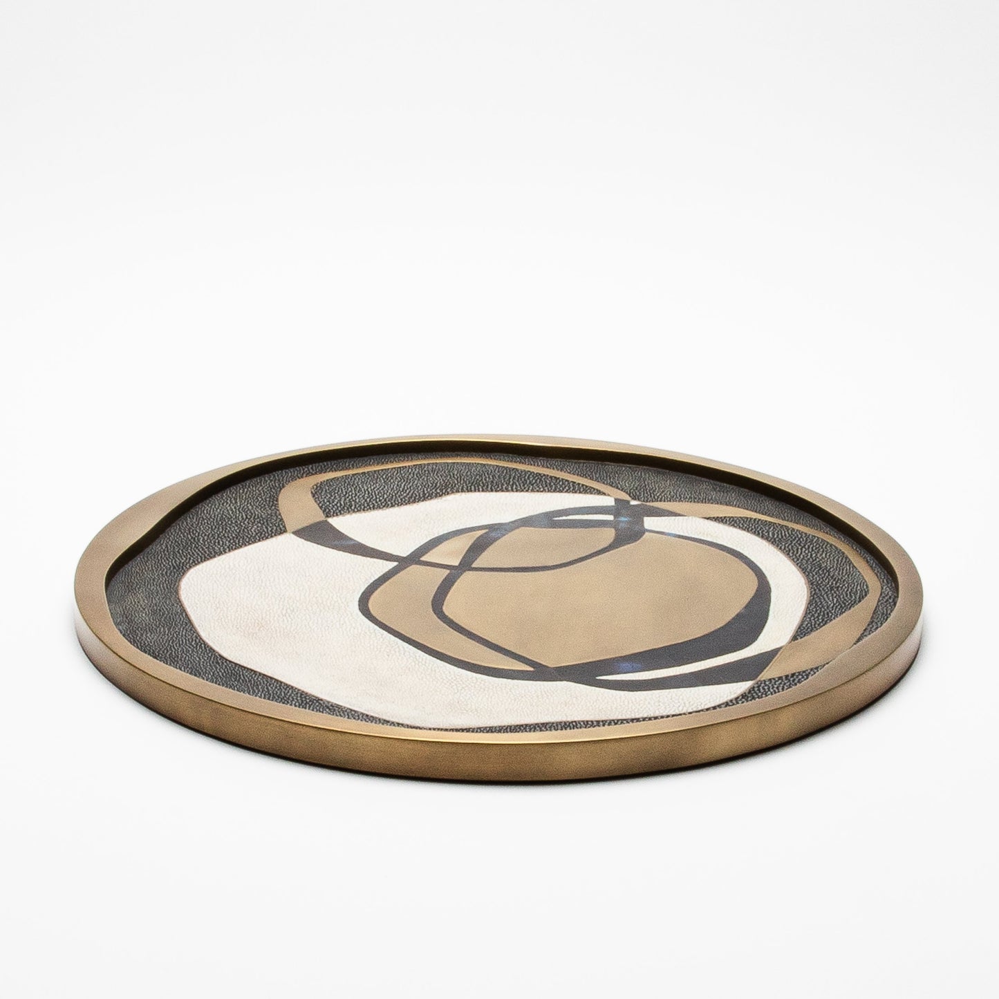 Round Shagreen Tray with Blue Pen Shell and Brass Inserts by R&Y Augousti