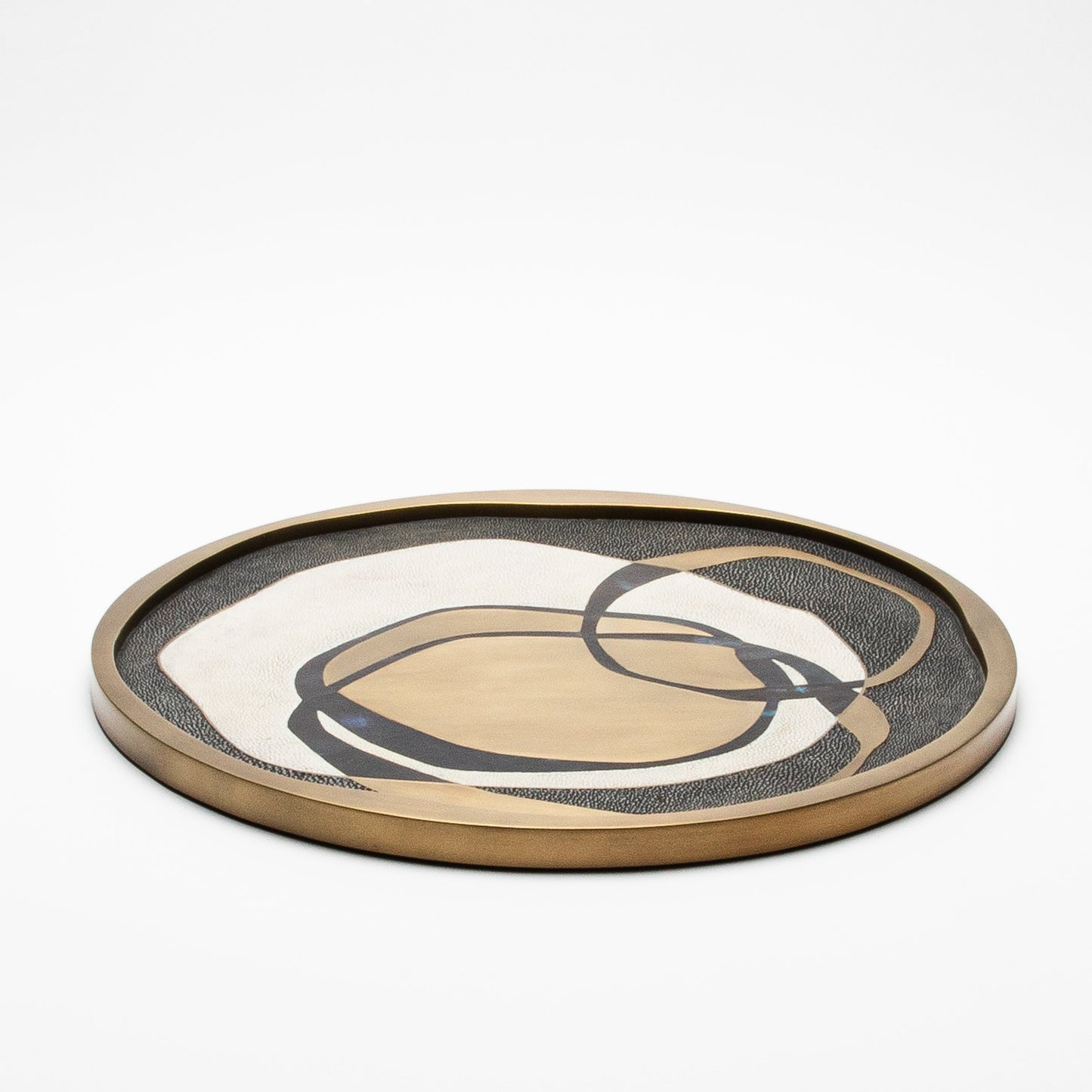Round Shagreen Tray with Blue Pen Shell and Brass Inserts by R&Y Augousti