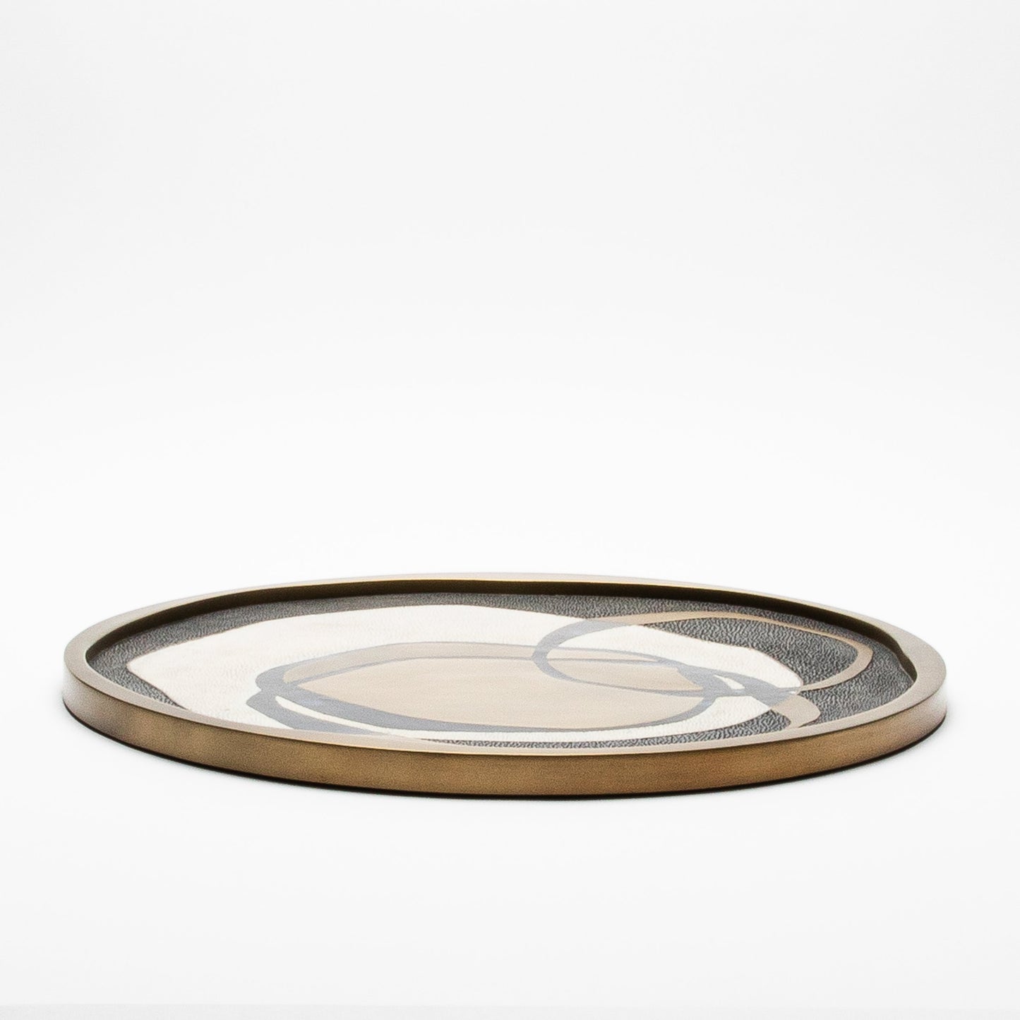 Round Shagreen Tray with Blue Pen Shell and Brass Inserts by R&Y Augousti