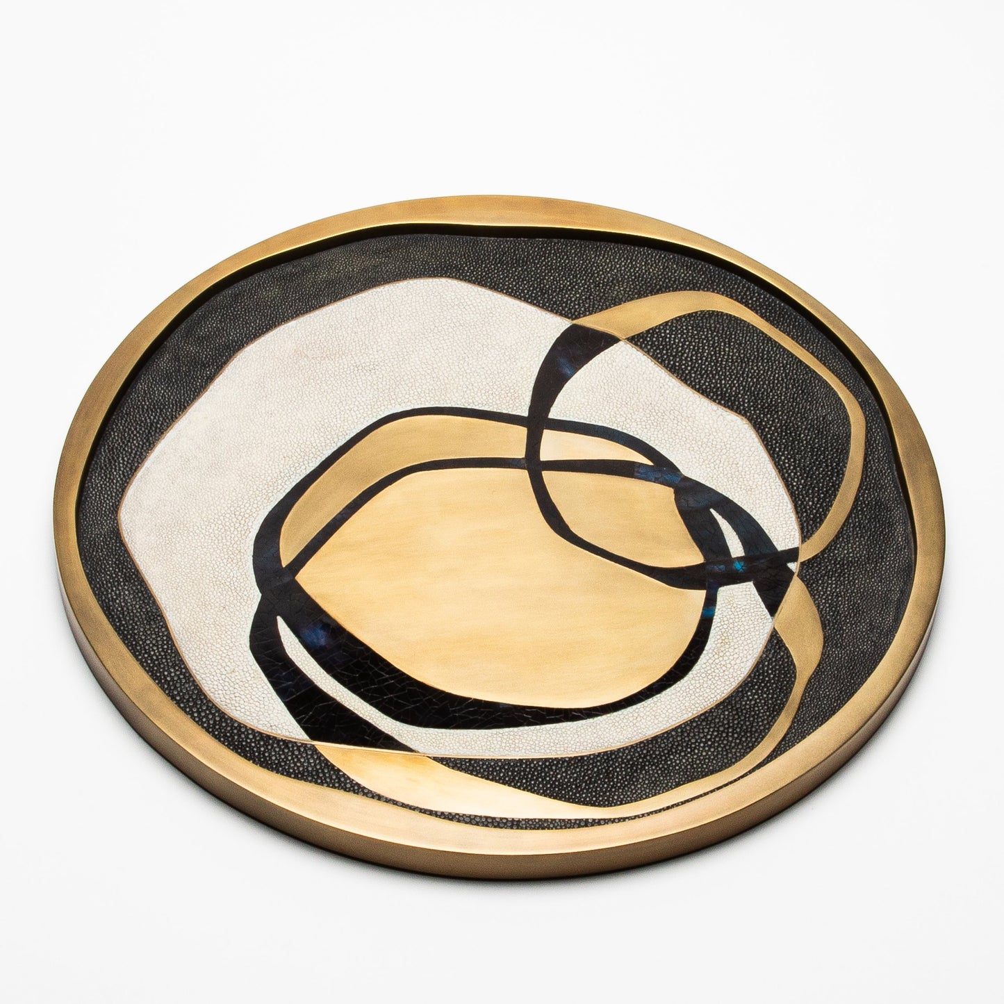 Round Shagreen Tray with Blue Pen Shell and Brass Inserts by R&Y Augousti