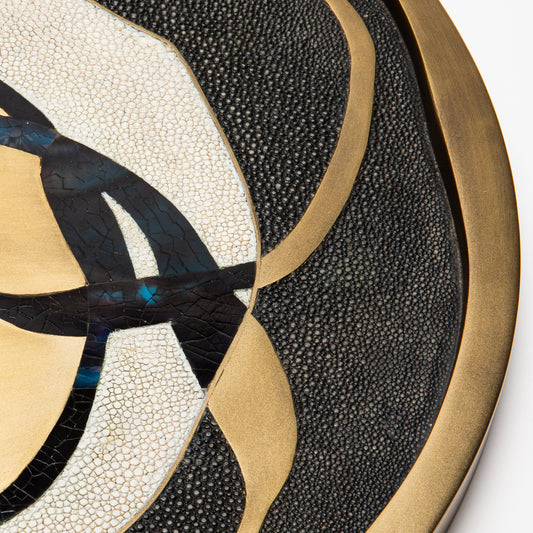 Round Shagreen Tray with Blue Pen Shell and Brass Inserts by R&Y Augousti