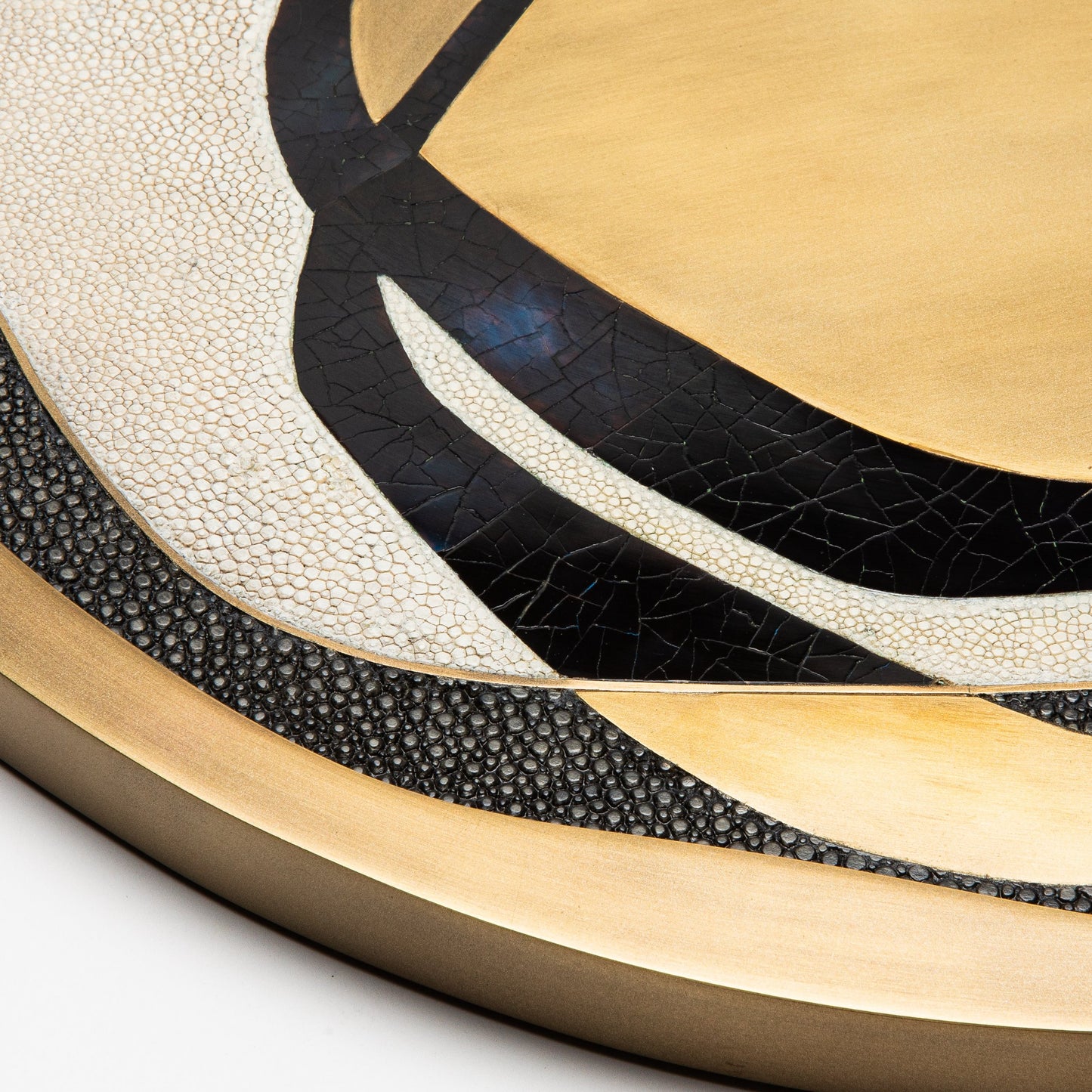 Round Shagreen Tray with Blue Pen Shell and Brass Inserts by R&Y Augousti