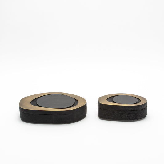Set of 2 Boxes in Black Shagreen with Shell and Bronze Patina Brass Details by R&Y Augousti
