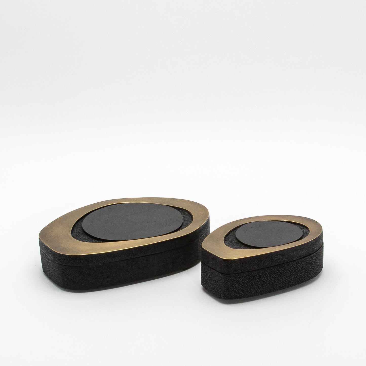 Set of 2 Boxes in Black Shagreen with Shell and Bronze Patina Brass Details by R&Y Augousti