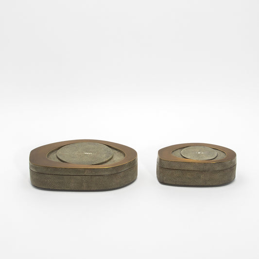 Set of 2 Boxes in Grey Shagreen with Bronze Patina Brass by R&Y Augousti