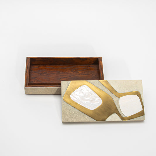 Set of 2 Rectangular Boxes in Antique Shagreen with Shell and Brass Insert by R&Y Augousti