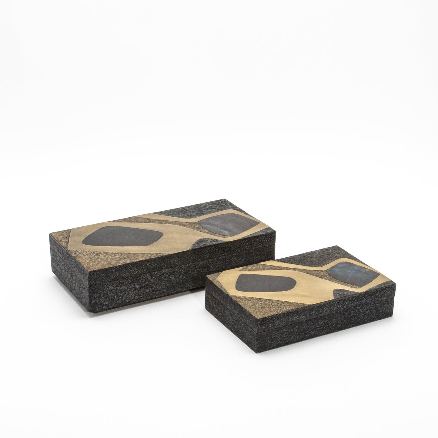Set of 2 Rectangular Boxes in Coal Black and Brown Shagreen with Black and Blue Shell and Brass Cosmos Pattern Insert by R&Y Augousti
