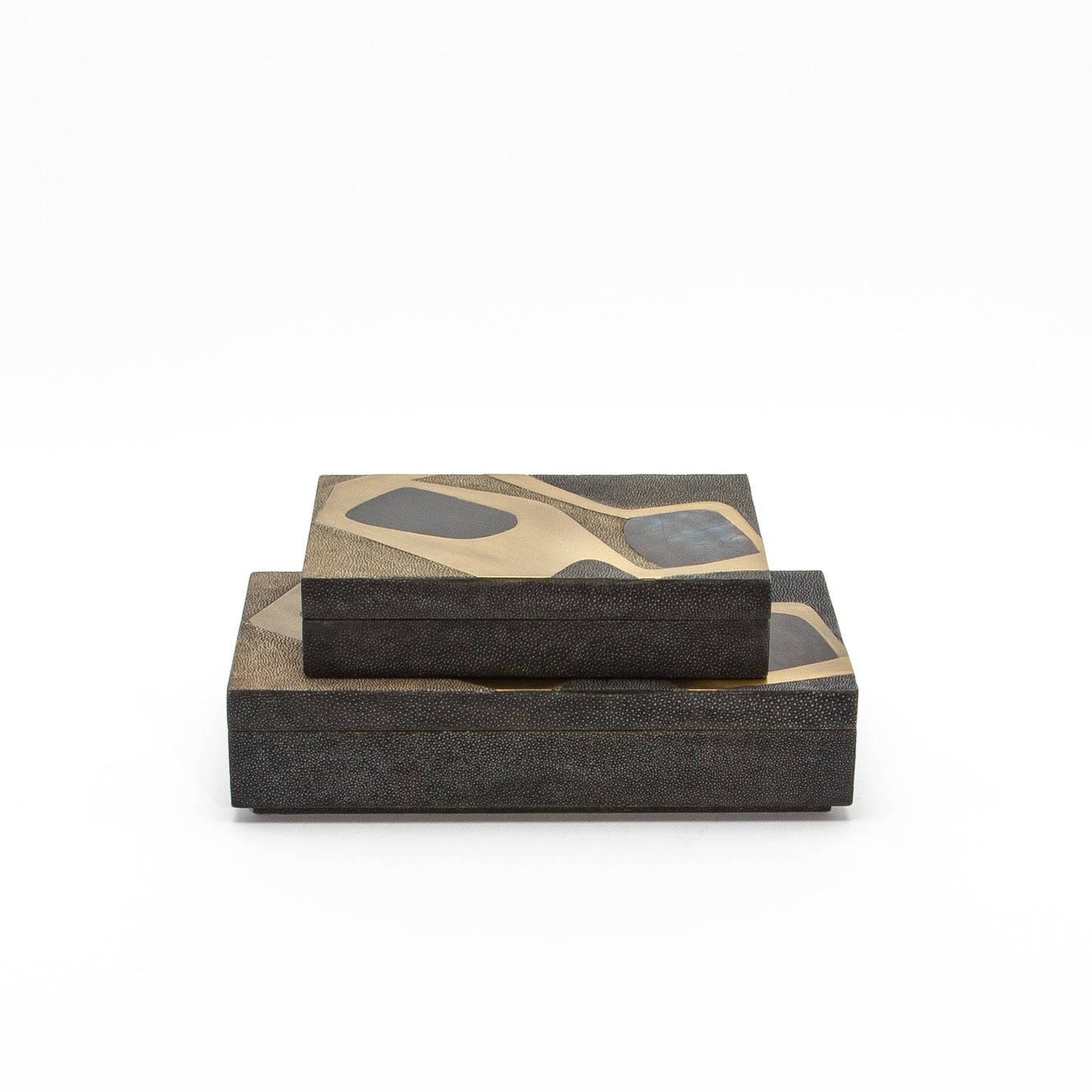 Set of 2 Rectangular Boxes in Coal Black and Brown Shagreen with Black and Blue Shell and Brass Cosmos Pattern Insert by R&Y Augousti