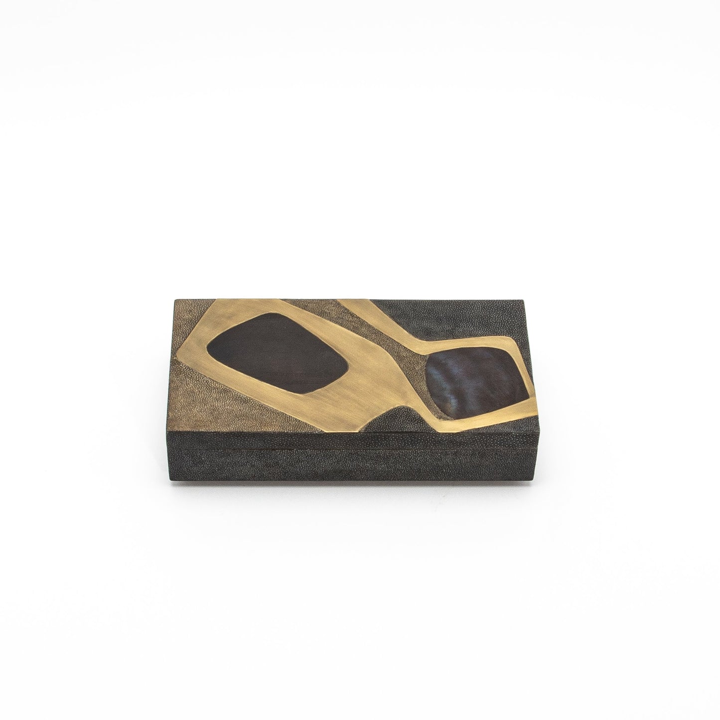 Set of 2 Rectangular Boxes in Coal Black and Brown Shagreen with Black and Blue Shell and Brass Cosmos Pattern Insert by R&Y Augousti