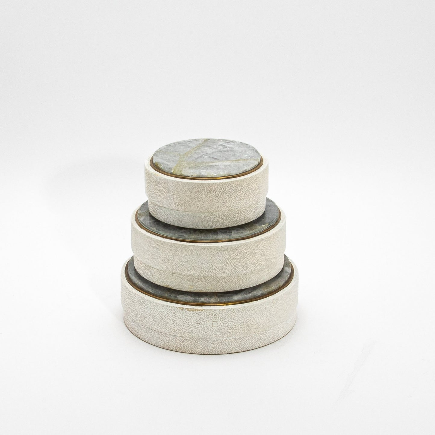 Set of 3 Boxes in White Shagreen and White Quartz with Brass Frame by R&Y Augousti