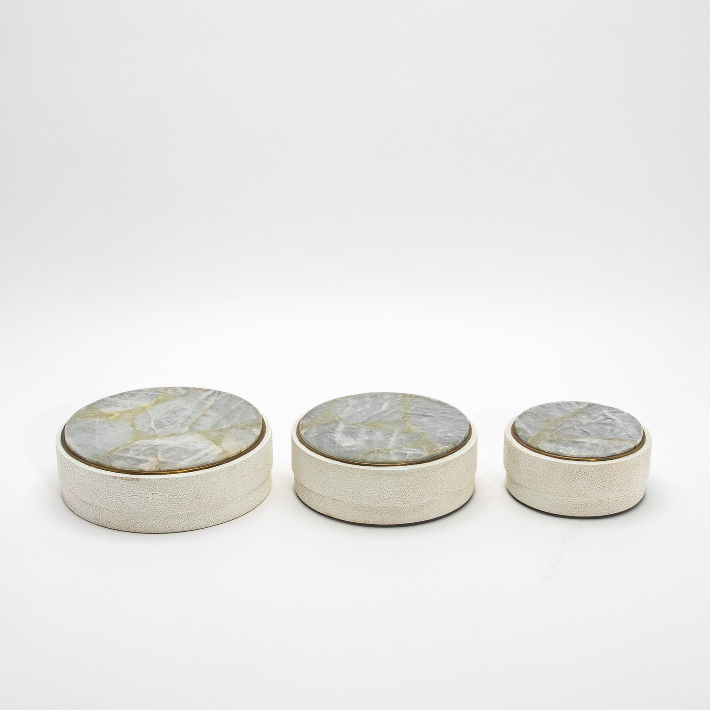 Set of 3 Boxes in White Shagreen and White Quartz with Brass Frame by R&Y Augousti