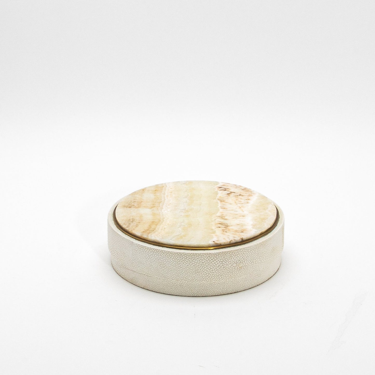 Set of 3 Round Boxes in Cream Shagreen with Onyx and Brass Details by R&Y Augousti