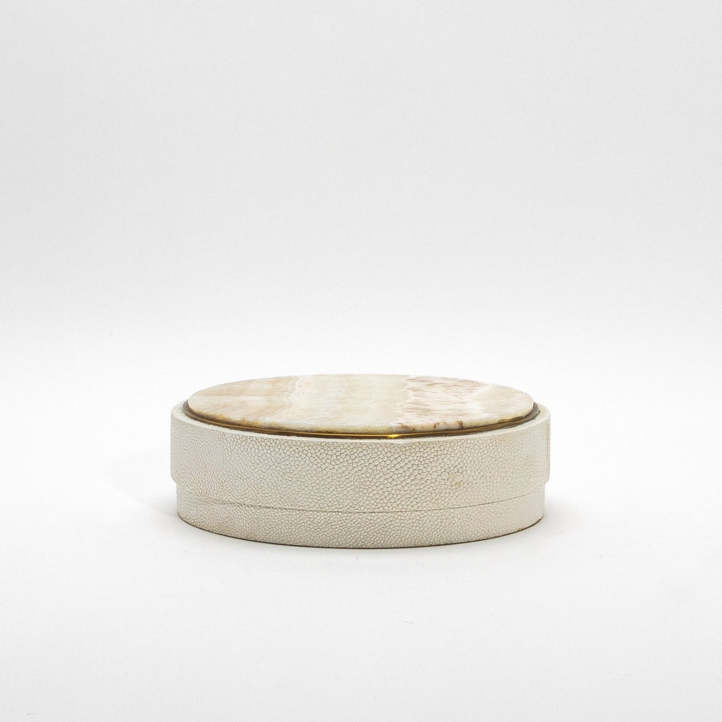 Set of 3 Round Boxes in Cream Shagreen with Onyx and Brass Details by R&Y Augousti