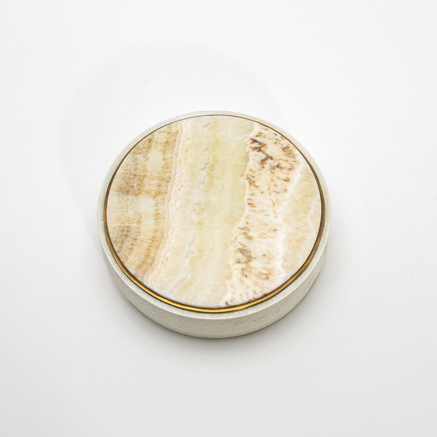 Set of 3 Round Boxes in Cream Shagreen with Onyx and Brass Details by R&Y Augousti
