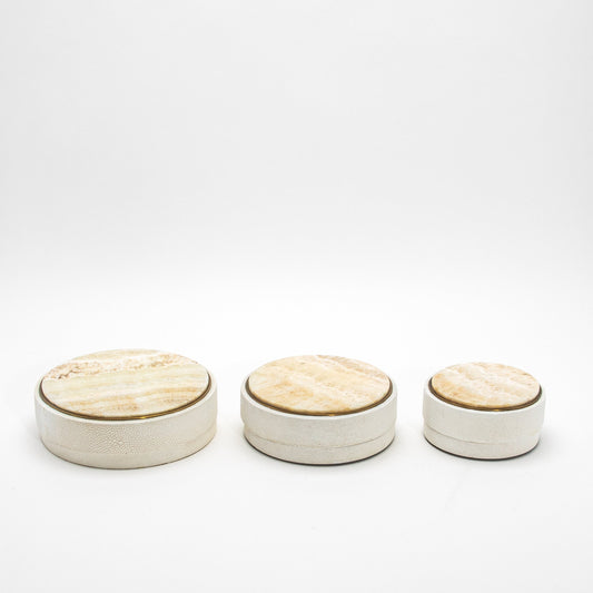 Set of 3 Round Boxes in Cream Shagreen with Onyx and Brass Details by R&Y Augousti