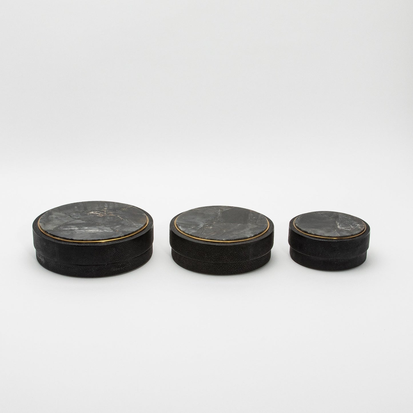 Set of 3 Boxes in Black Shagreen and Black Quartz with Brass Frame by R&Y Augousti