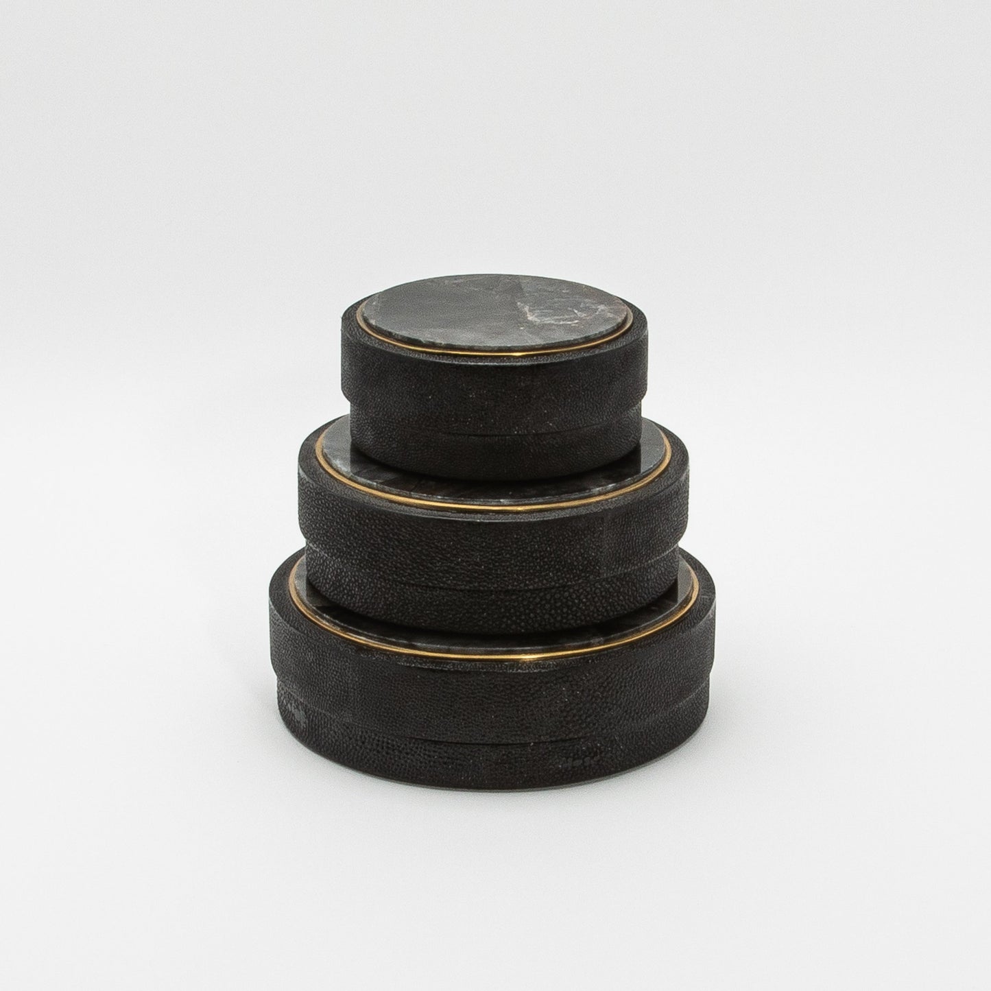 Set of 3 Boxes in Black Shagreen and Black Quartz with Brass Frame by R&Y Augousti