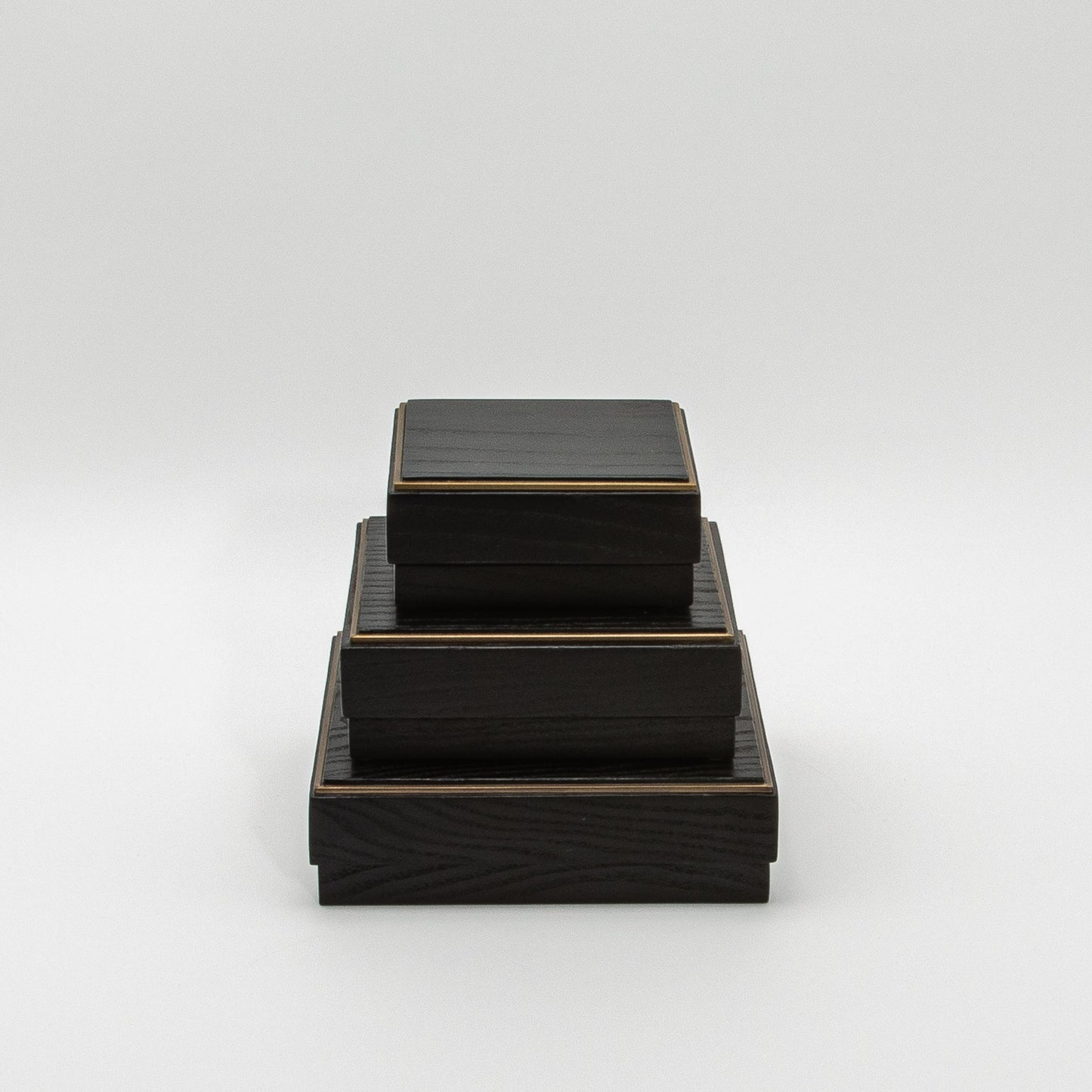 Set of 3 Square Boxes in Black Oak with Brass Frame by R&Y Augousti