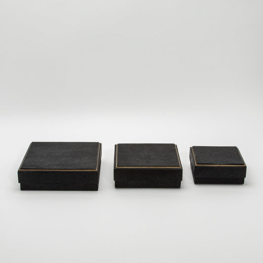 Set of 3 Square Boxes in Black Shagreen with Brass Frame by R&Y Augousti