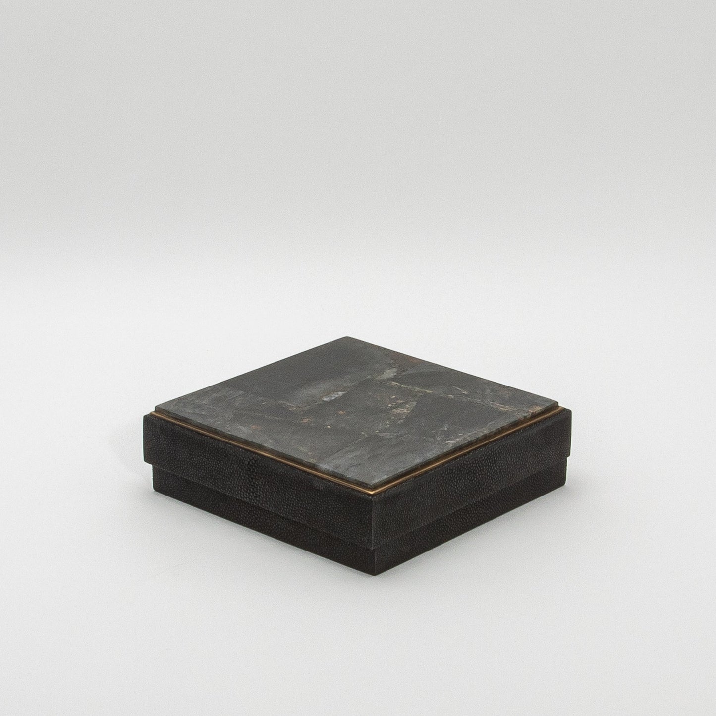 Set of 3 Square Boxes in Black Shagreen and Black Quartz with Brass Frame by R&Y Augousti