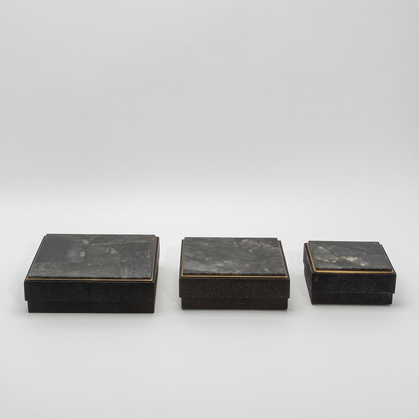 Set of 3 Square Boxes in Black Shagreen and Black Quartz with Brass Frame by R&Y Augousti