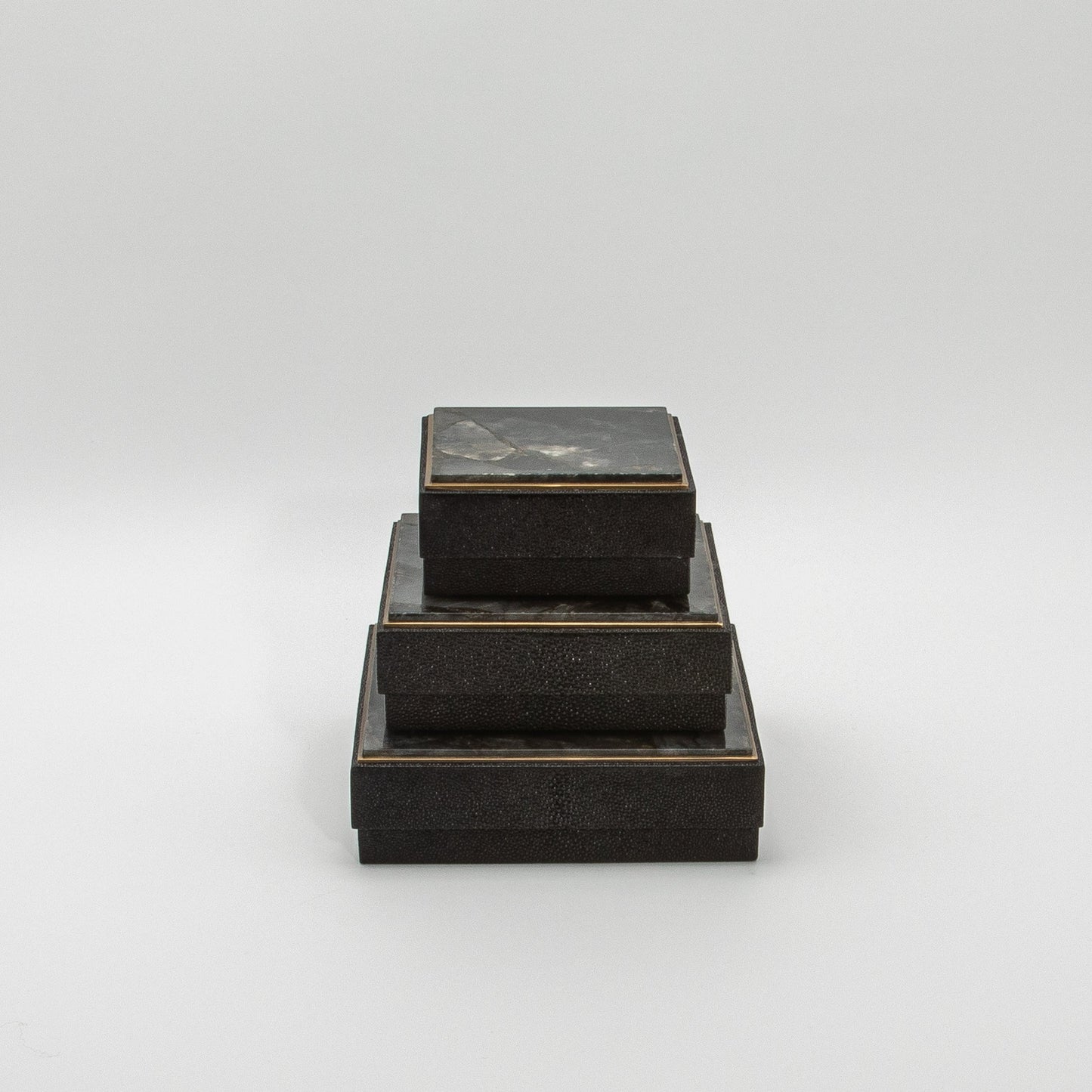 Set of 3 Square Boxes in Black Shagreen and Black Quartz with Brass Frame by R&Y Augousti