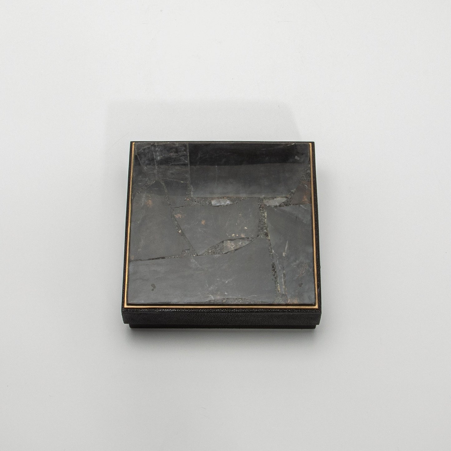 Set of 3 Square Boxes in Black Shagreen and Black Quartz with Brass Frame by R&Y Augousti