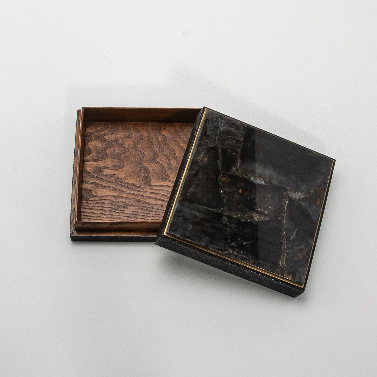 Set of 3 Square Boxes in Black Shagreen and Black Quartz with Brass Frame by R&Y Augousti