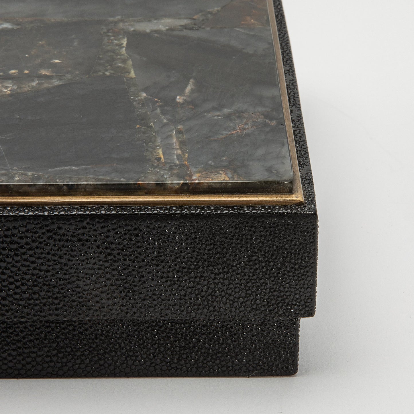 Set of 3 Square Boxes in Black Shagreen and Black Quartz with Brass Frame by R&Y Augousti