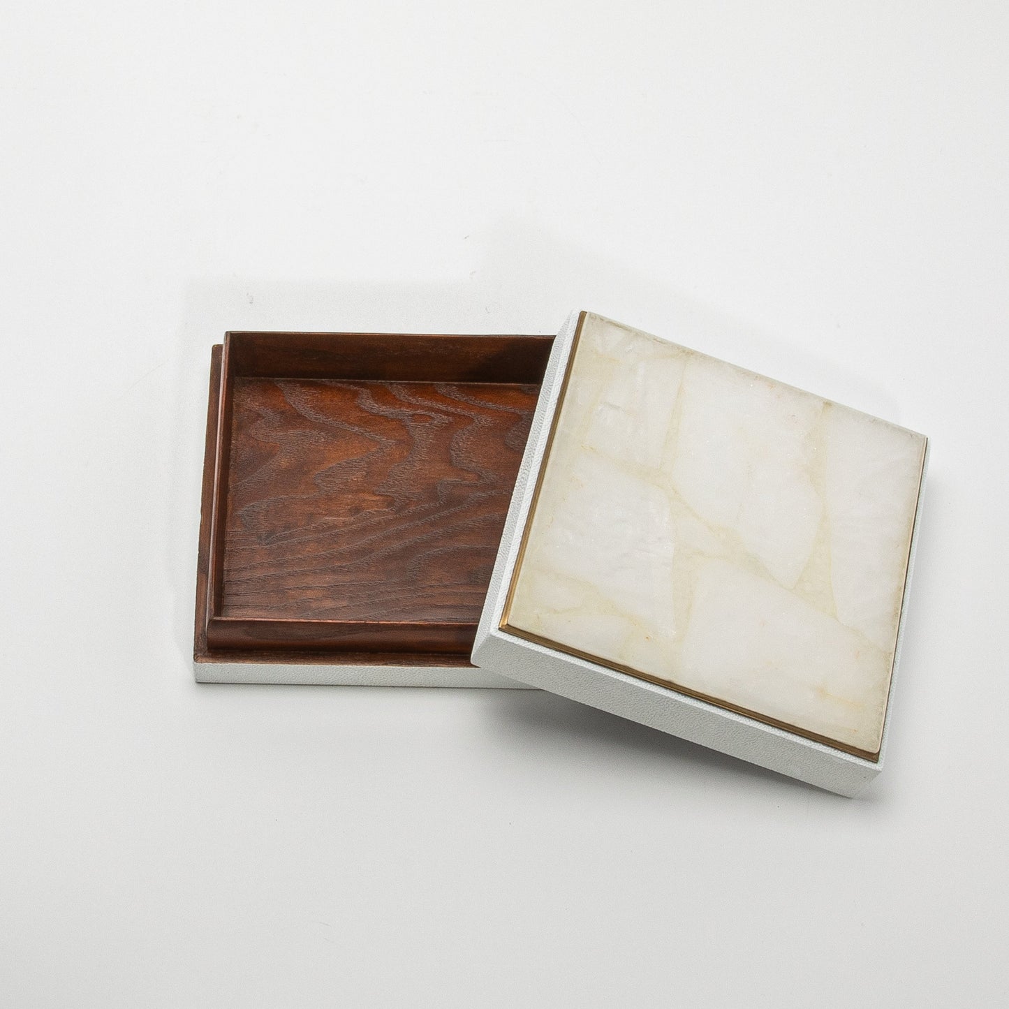 Set of 3 Square Boxes in White Shagreen and Quartz with Brass Frame by R&Y Augousti