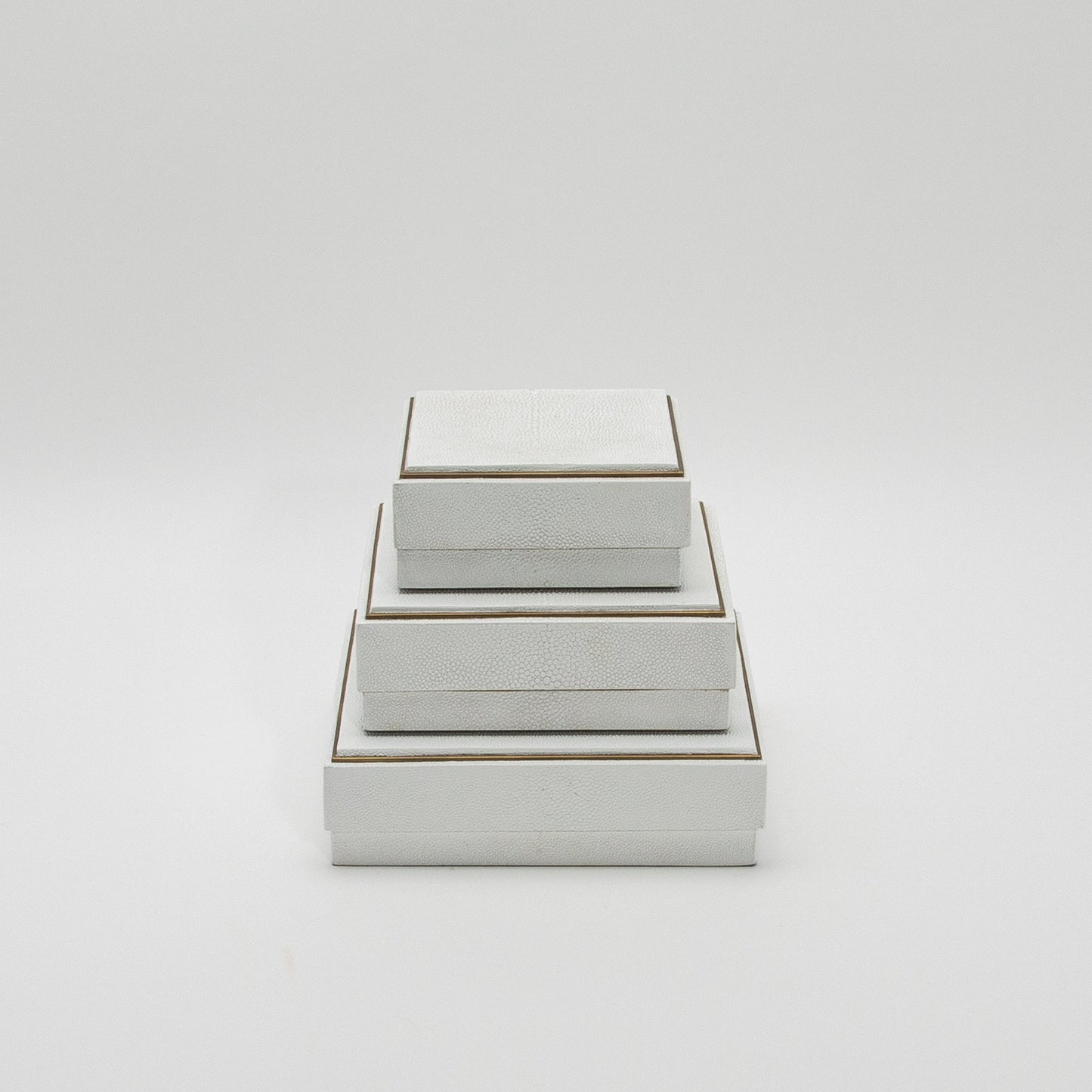 Set of 3 Square Boxes in White Shagreen with Brass Frame by R&Y Augousti