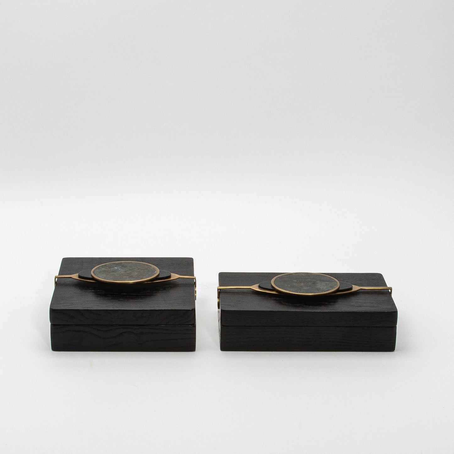 Set of 2 Boxes in Oak with Semi-Precious Stone and Brass by Kifu Paris