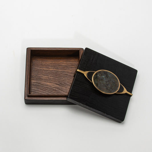 Set of 2 Boxes in Oak with Semi-Precious Stone and Brass by Kifu Paris
