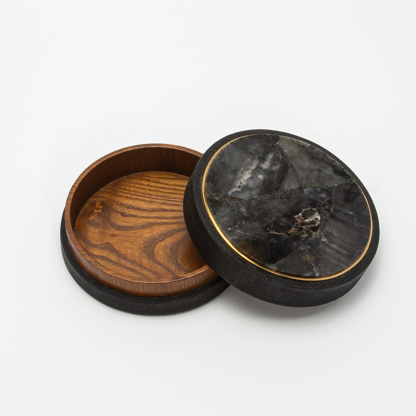 Set of 3 Boxes in Black Shagreen and Black Quartz with Brass Frame by R&Y Augousti