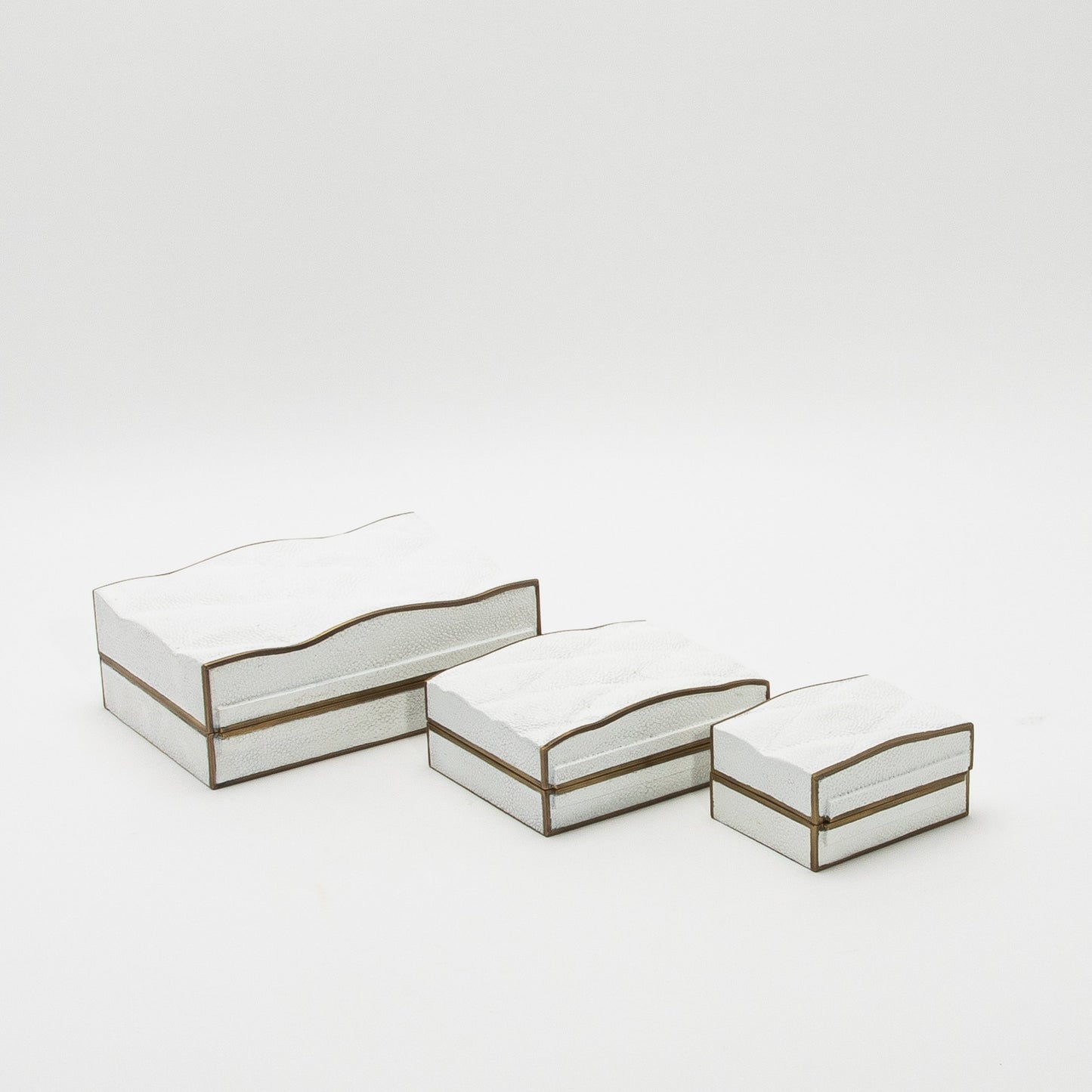 Set of 3 Quilted Boxes in White Shagreen with Bronze Patina Brass by Kifu Paris