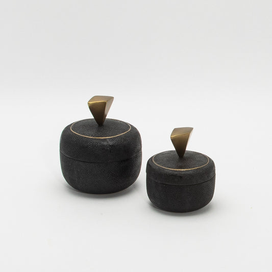 Set of 2 Round Boxes in Black Shagreen with Bronze Patina Brass Knob by Kifu Paris