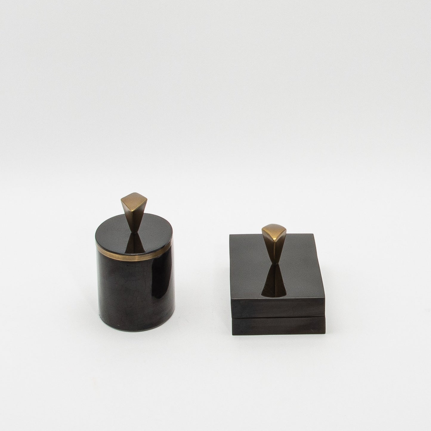 Set of 2 Boxes in Black Shell with Bronze Patina Brass Knob by Kifu Paris