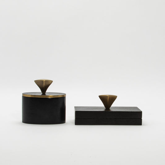 Set of 2 Boxes in Black Oak with Bronze Patina Brass Knob by Kifu Paris